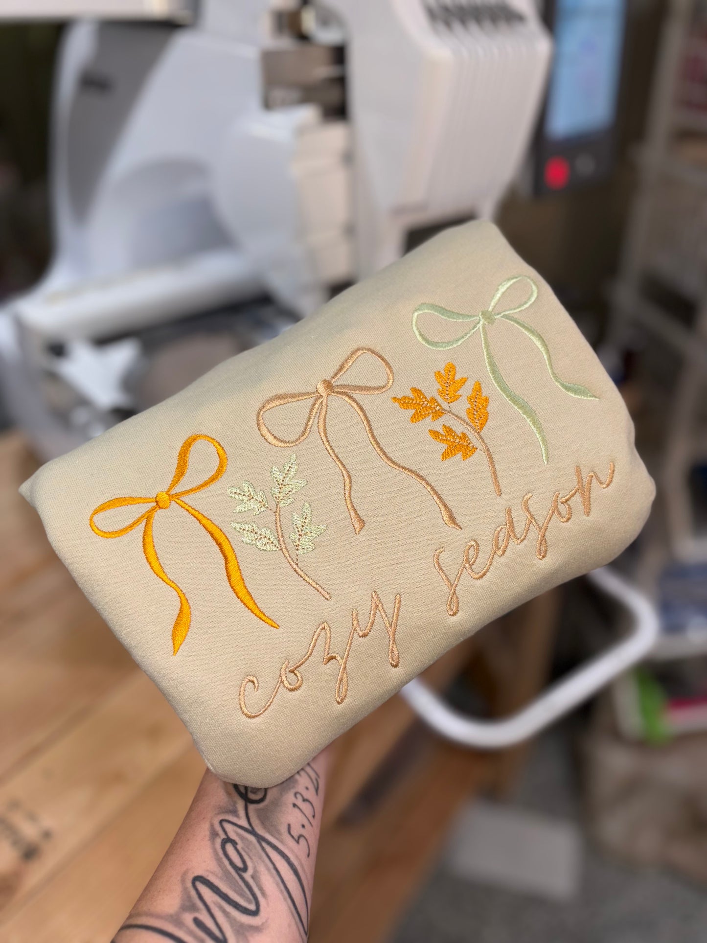 Cozy season embroidered crew preorder 28 business day turn around time