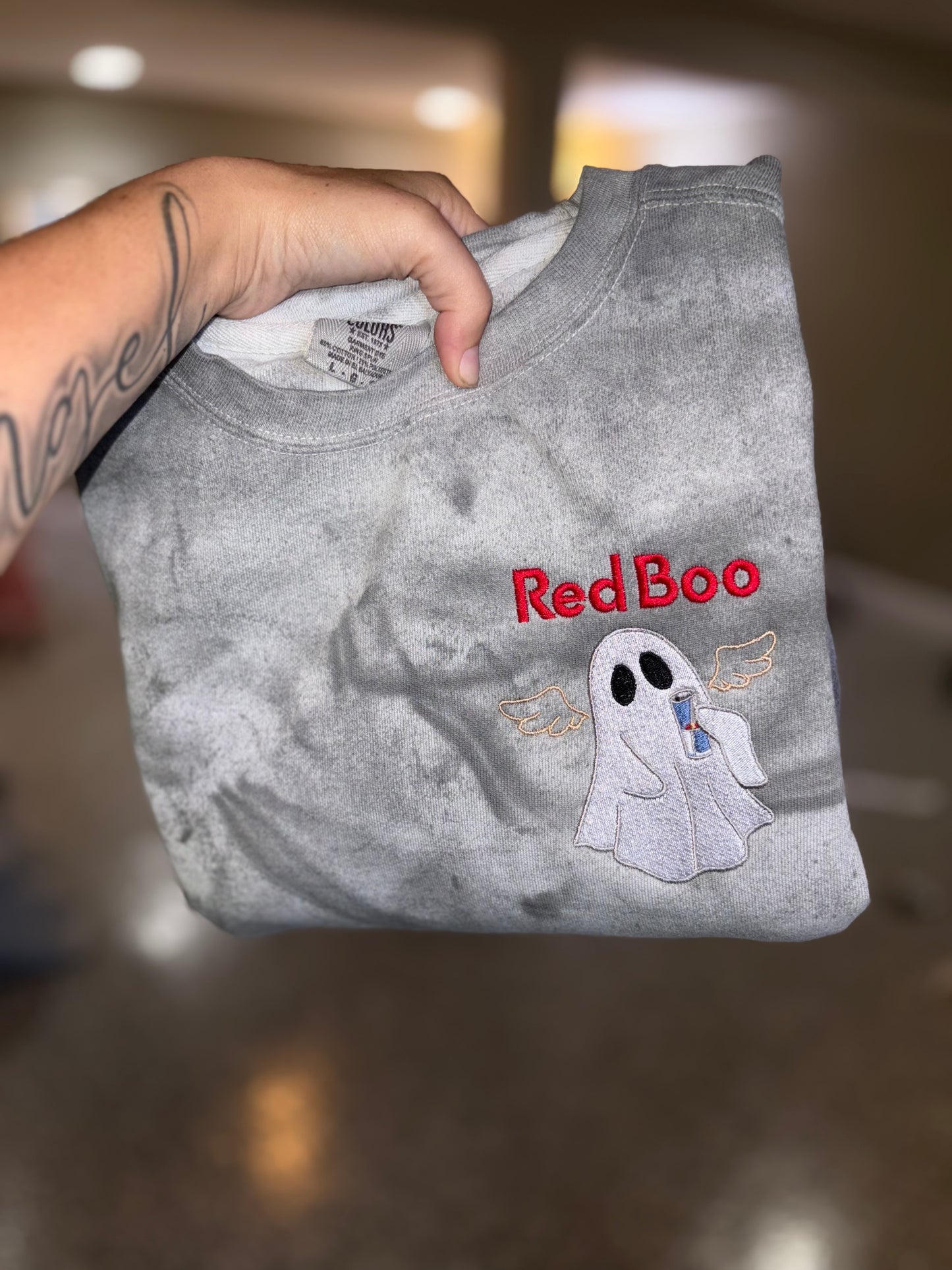 Red boo embroidered crew preorder 28 business day turn around time