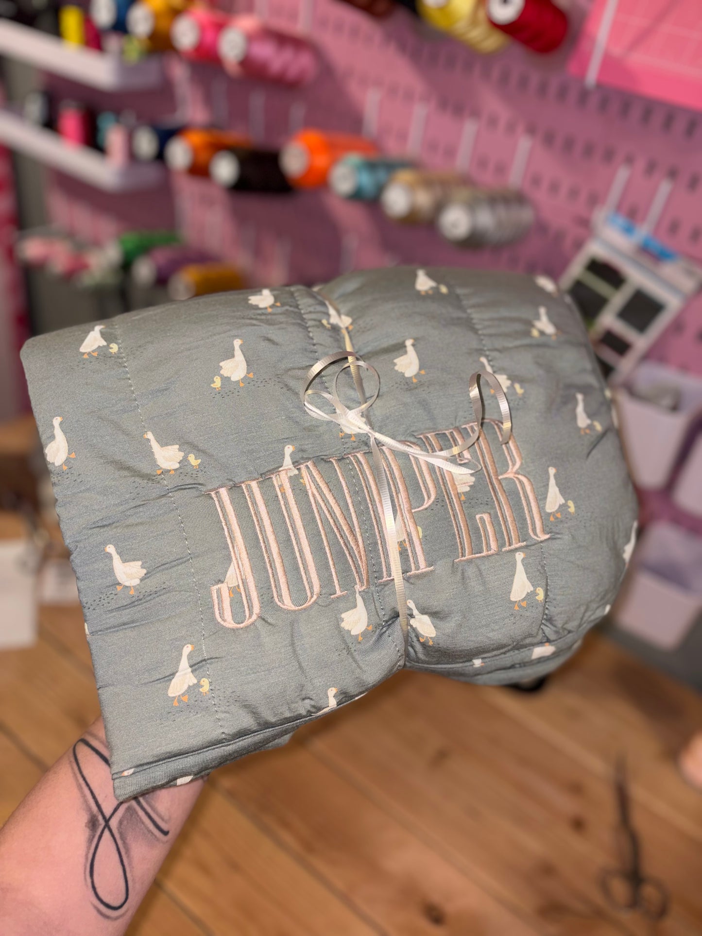 Goose embroidered baby blanket- preorder 28 business day turn around time