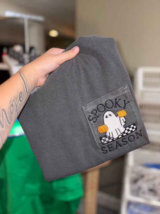 embroidered Tshirt “spooky season” CC pocket T. Preorder 28 business day turn around time 👻