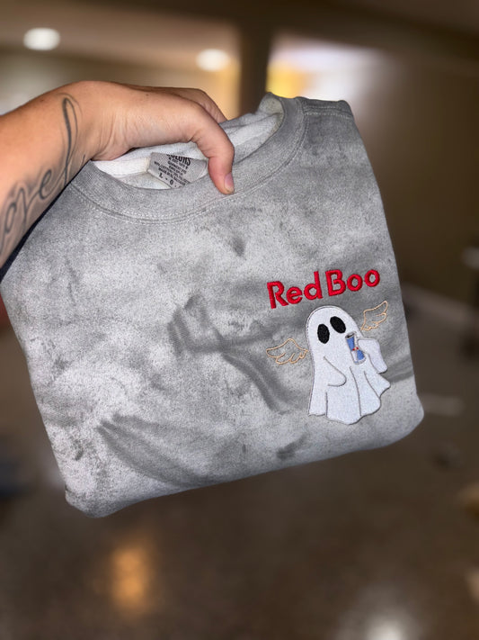 Red boo embroidered crew preorder 28 business day turn around time