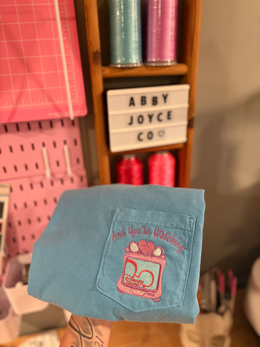 Old school embroidered tv comfort colors pocket tshirt- preorder 28 business day turn around time
