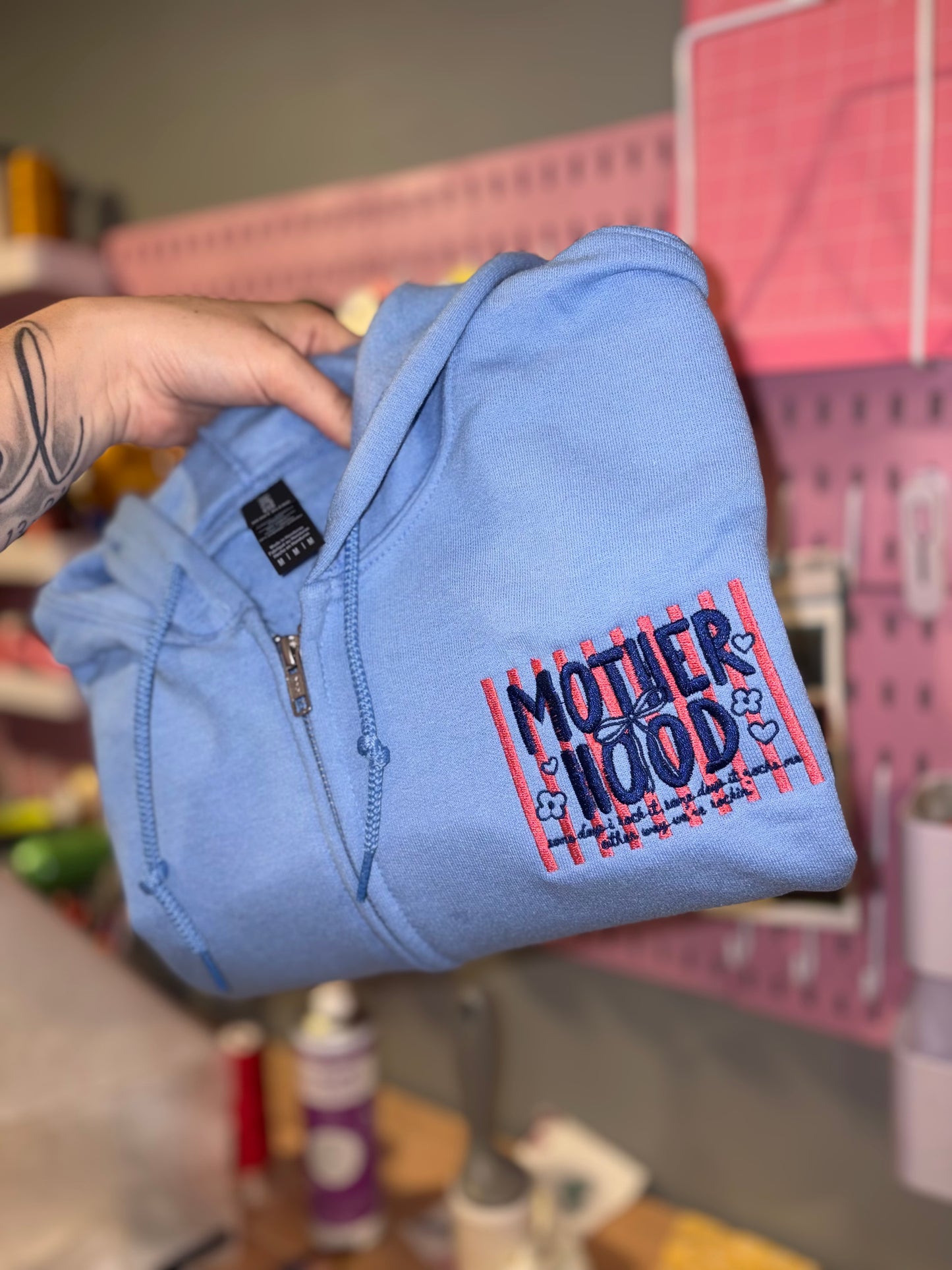 Motherhood- zip up embroidered crew