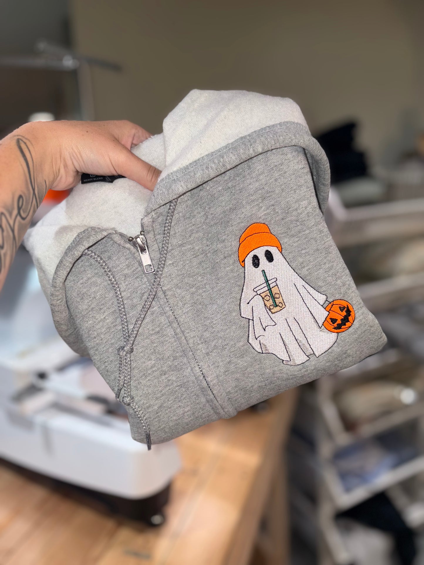 Ice coffee ghost embroidered sweatshirt preorder 28 business day turn around time