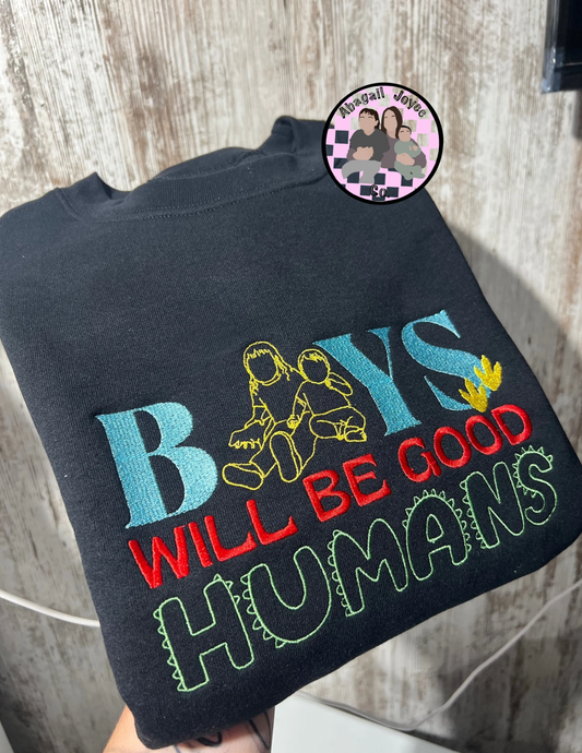 Boys are good humans 💚🦖embroidered crew preorder 28 business day turn around time