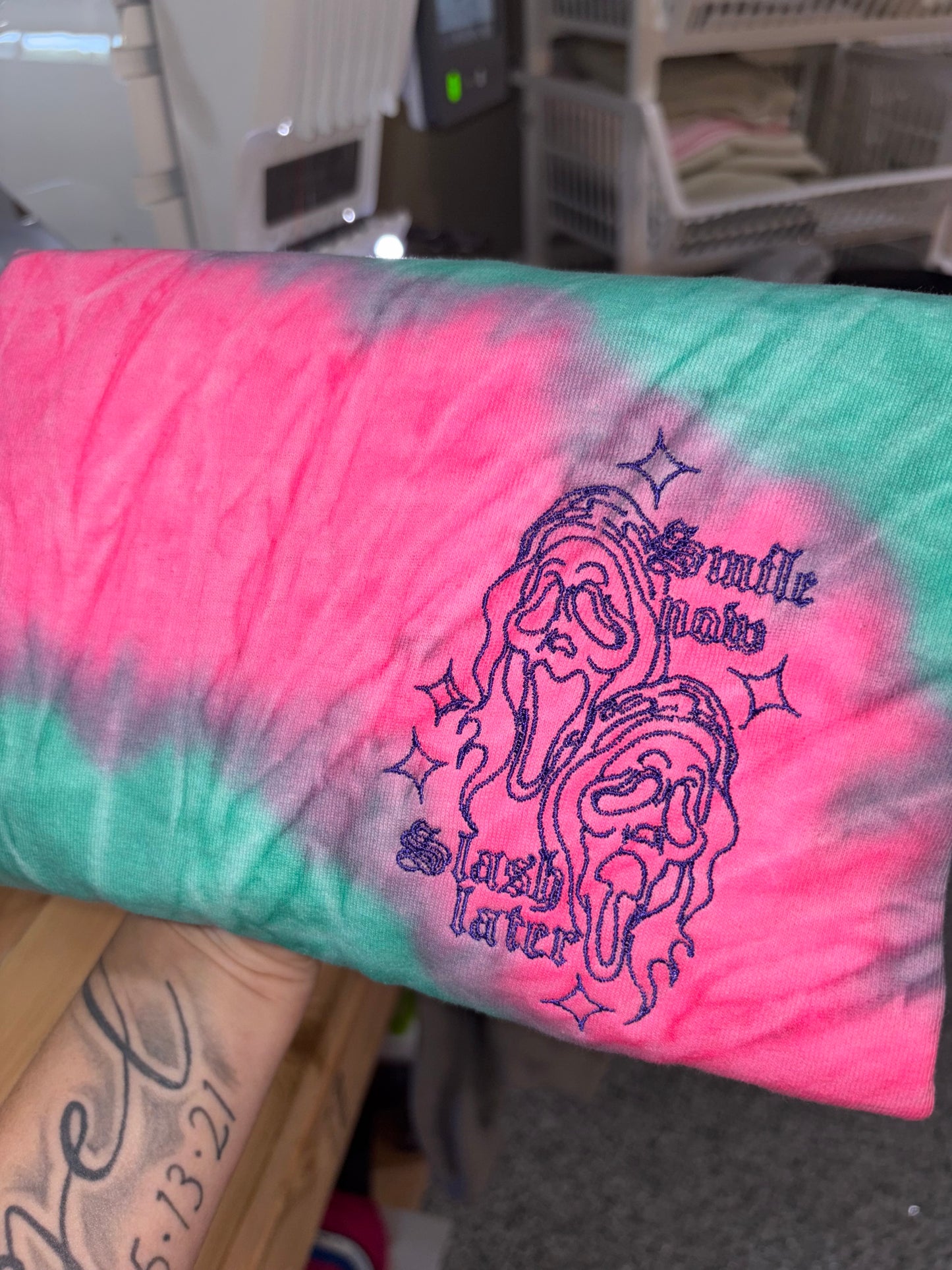 embroidered Tshirt (smile now slash later) preorder 28 business day turn around time