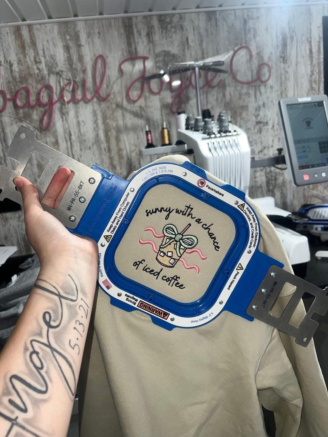 Sunny with a chance of iced coffee embroidered crew preorder 28 business day turn around time