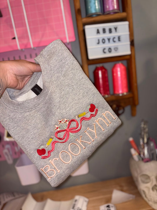 Back to school bow embroidered crew preorder 28 business day turn around time