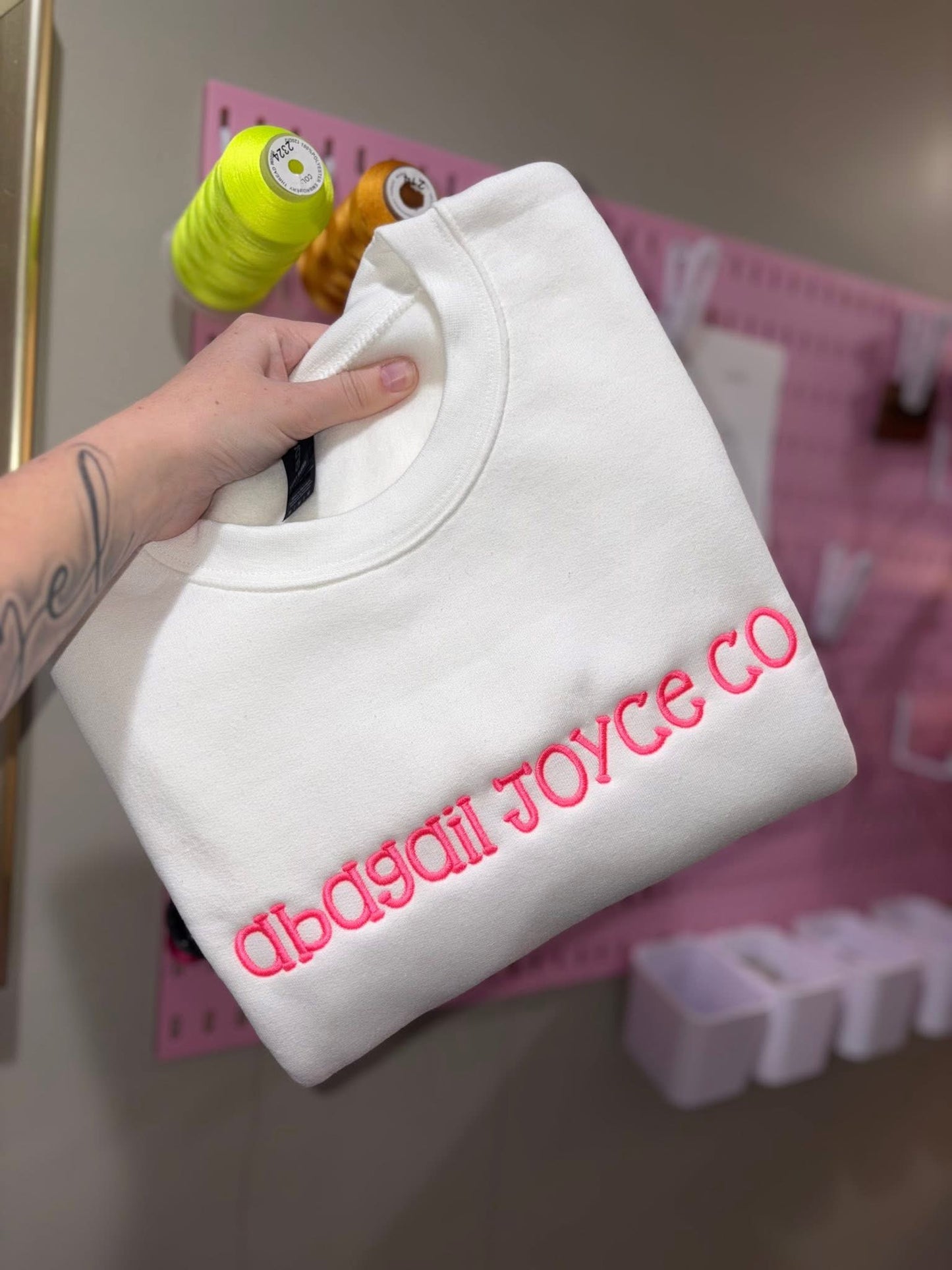 Business name embroidered crews preorder 28 business day turn around time.  (Must order 5 or more).