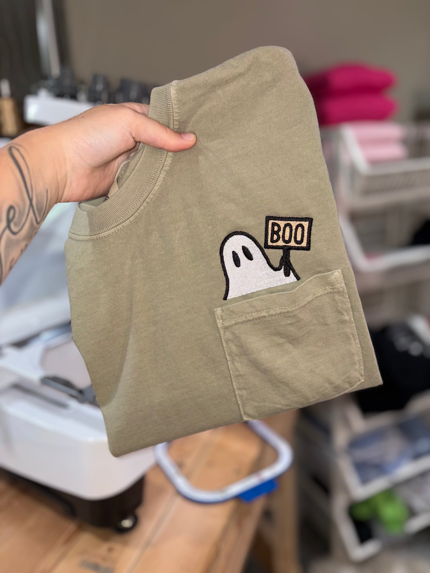 Boo embroidered tshirt preorder 28 business day turn around time