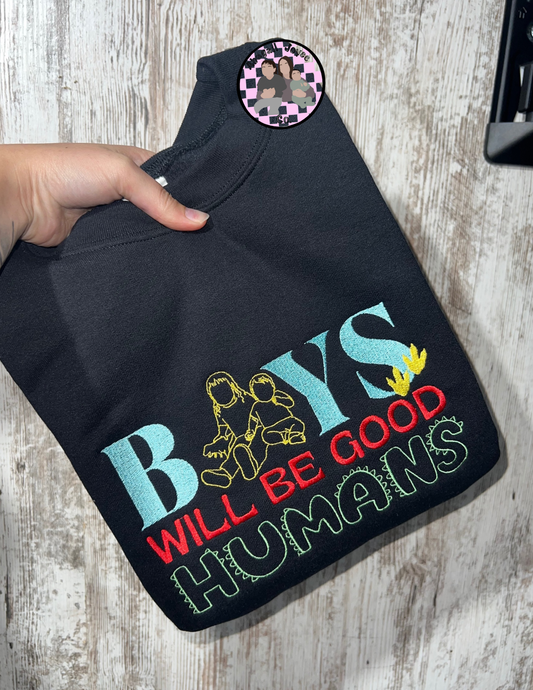 Boys are good humans 💚🦖embroidered crew preorder 28 business day turn around time