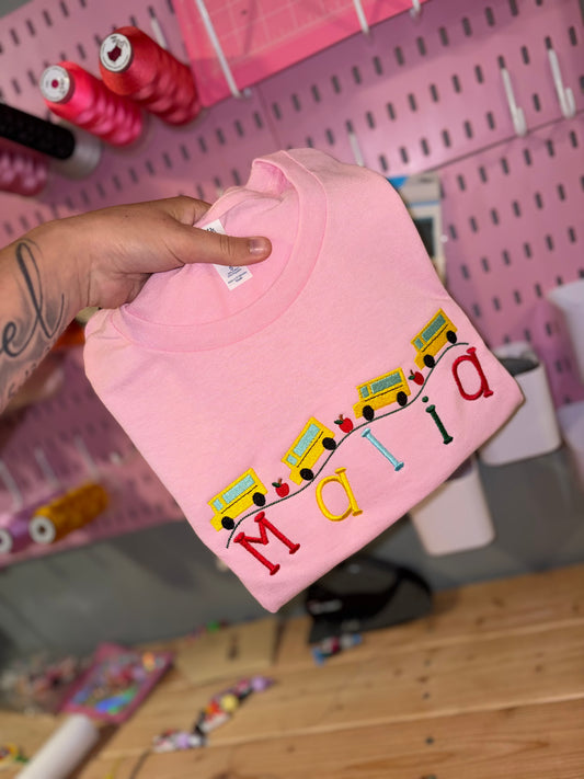 Rolling buses embroidered tshirt preorder 28 business day turn around time