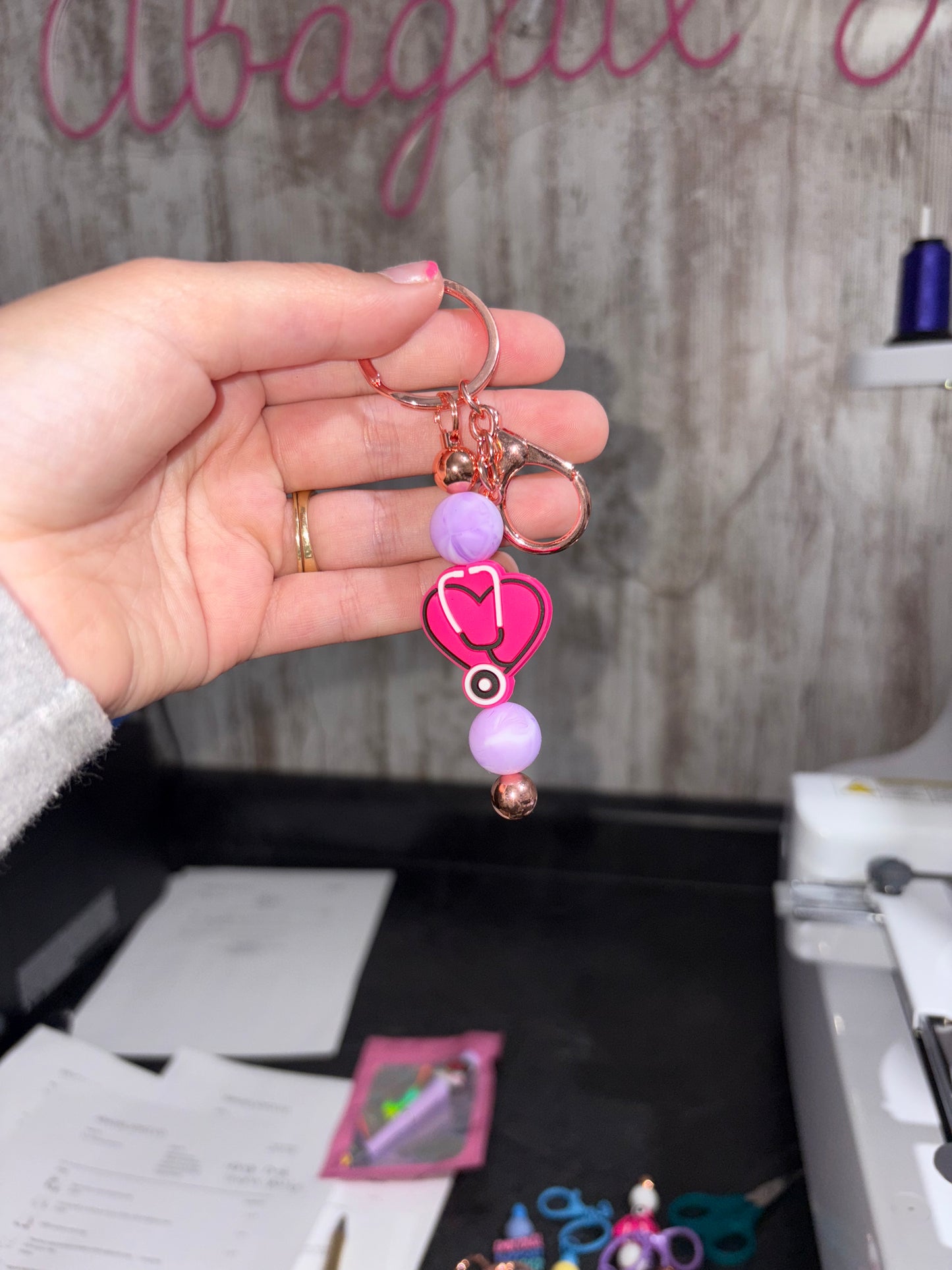 Rose gold & purple stethoscope keychain