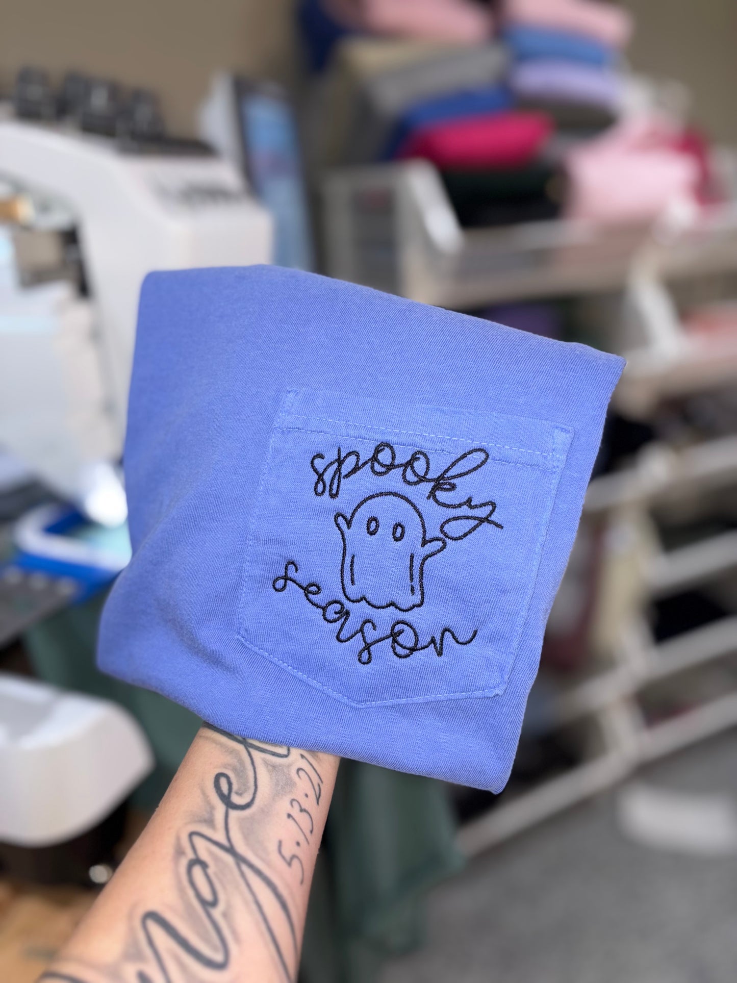 Spooky season embroidered comfort colors pocket tshirt. Preorder 28 business day turn around time