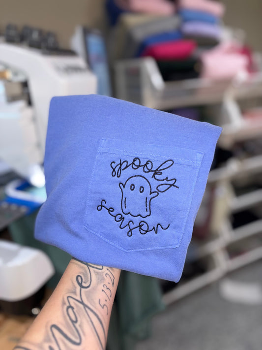Spooky season embroidered comfort colors pocket tshirt. Preorder 28 business day turn around time