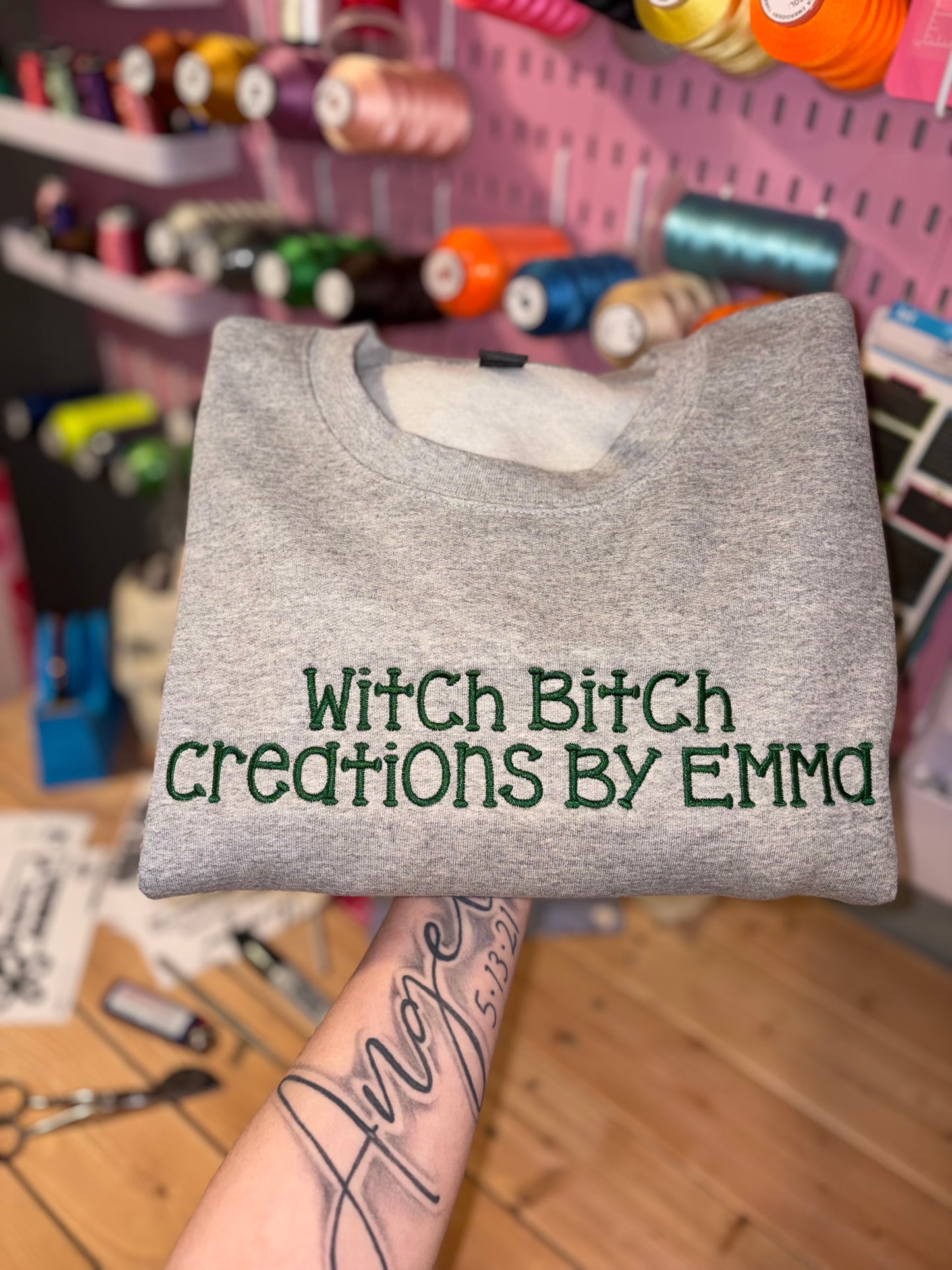 Business name embroidered crews preorder 28 business day turn around time.  (Must order 5 or more).