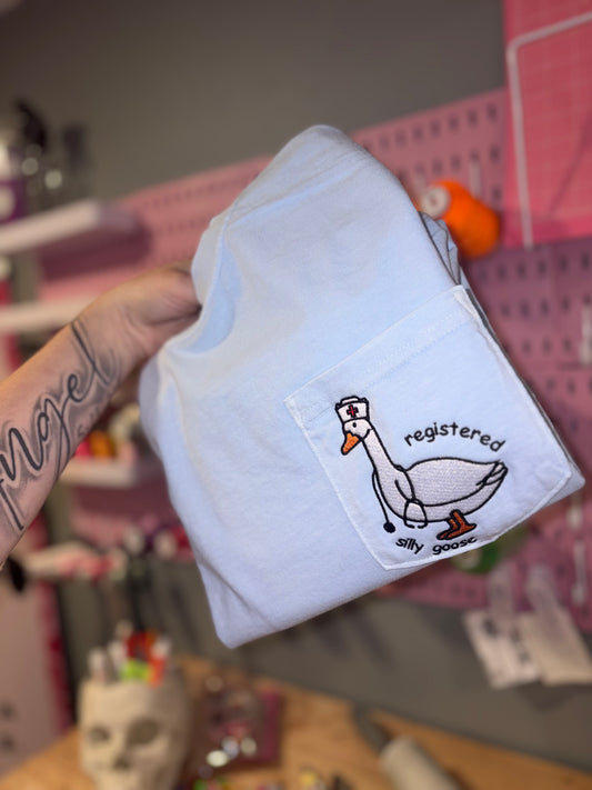 Registered silly goose embroidered comfort color pocket t