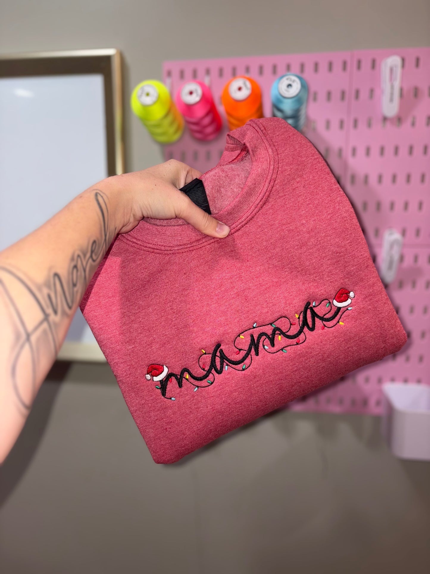 Mama Christmas lights embroidered crew preorder 28 business day turn around time