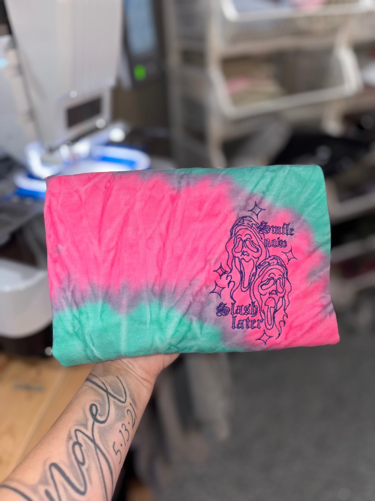 embroidered Tshirt (smile now slash later) preorder 28 business day turn around time