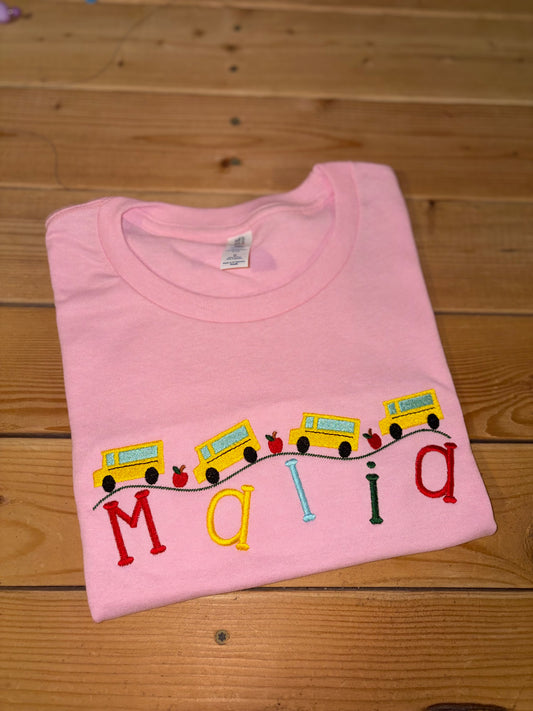 Rolling buses embroidered tshirt preorder 28 business day turn around time