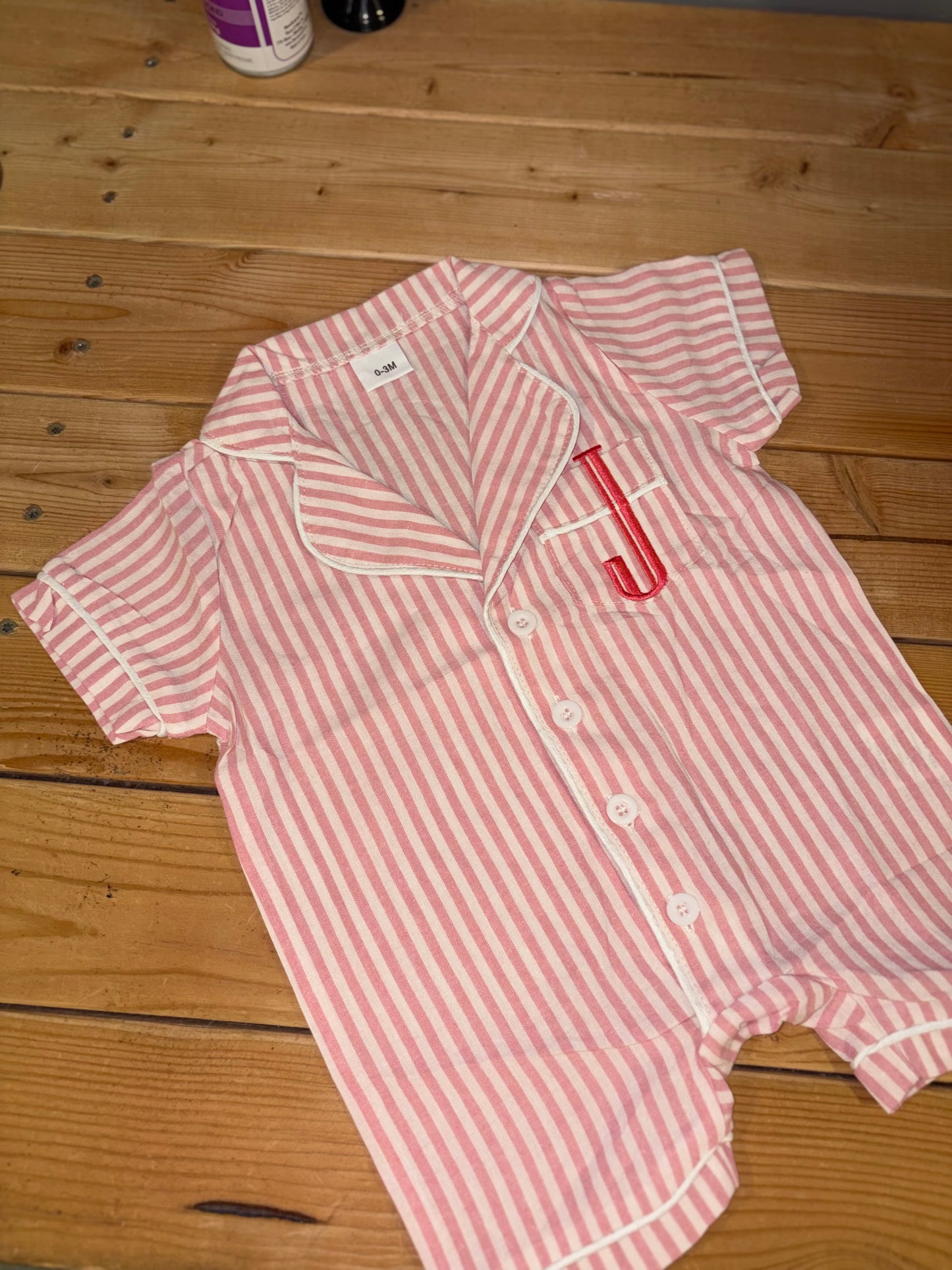 Embroidered initial baby romper- preorder 28 business day turn around time