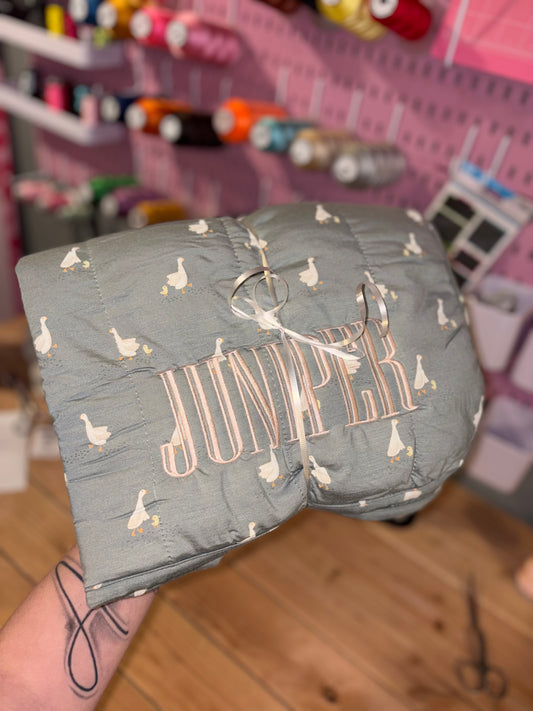 Goose embroidered baby blanket- preorder 28 business day turn around time