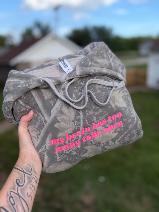 Too many tabs open embroidered hoodie- preorder 28 business day turn around time