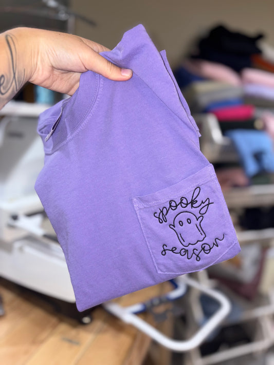 Spooky season embroidered comfort colors pocket tshirt. Preorder 28 business day turn around time