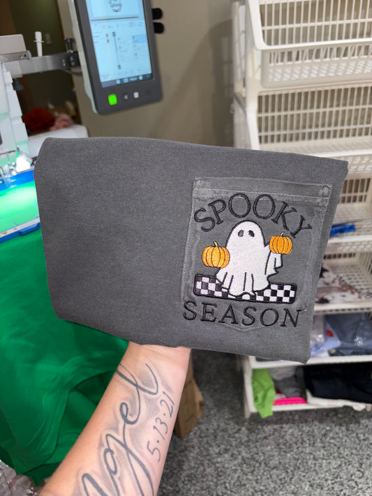 embroidered Tshirt “spooky season” CC pocket T. Preorder 28 business day turn around time 👻
