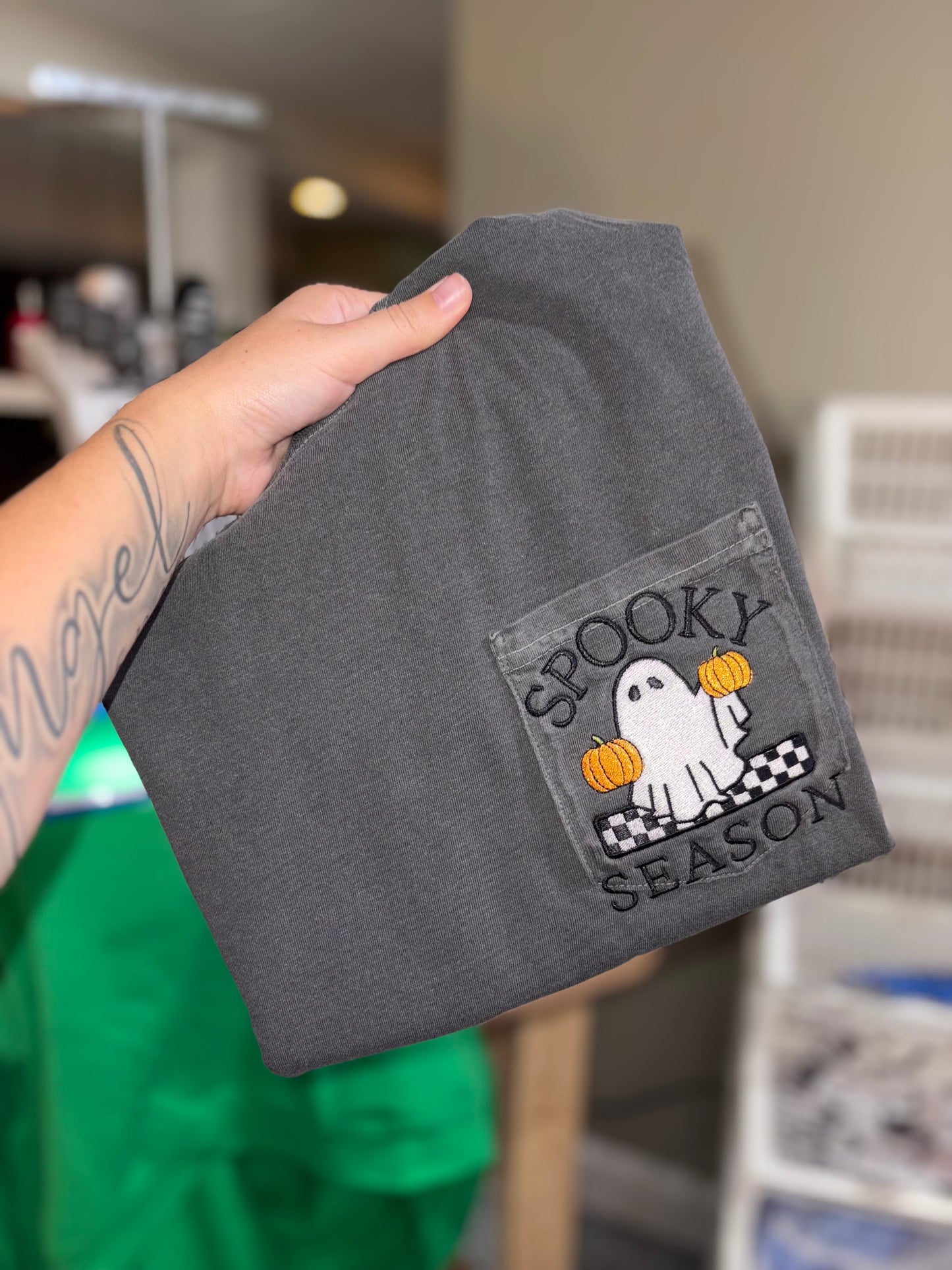 embroidered Tshirt “spooky season” CC pocket T. Preorder 28 business day turn around time 👻