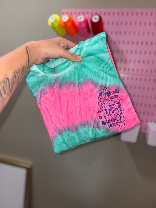 embroidered Tshirt (smile now slash later) preorder 28 business day turn around time