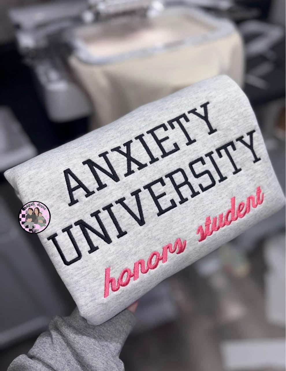Anxiety university embroidered crew preorder 28 business day turn around time