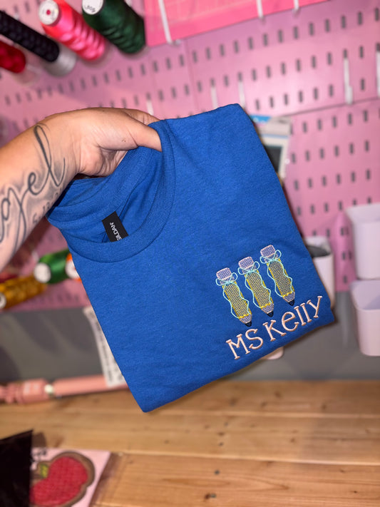 Pencil bow embroidered short sleeve tshirt preorder 28 business day turn around time
