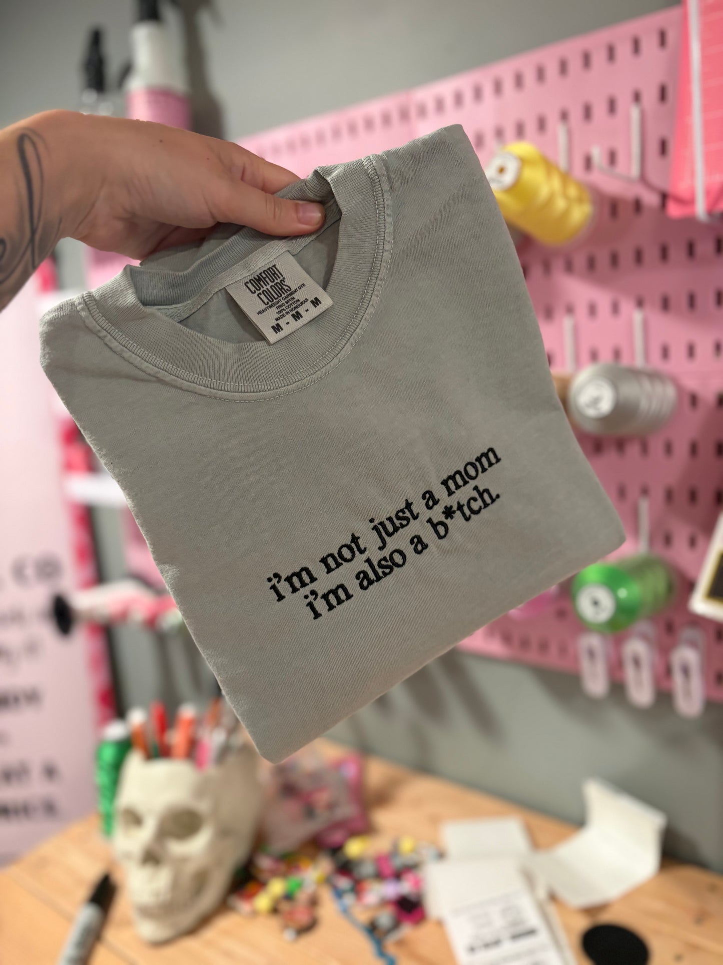 Not just a mom also a bitch embroidered tshirt preorder 28 business day turn around time