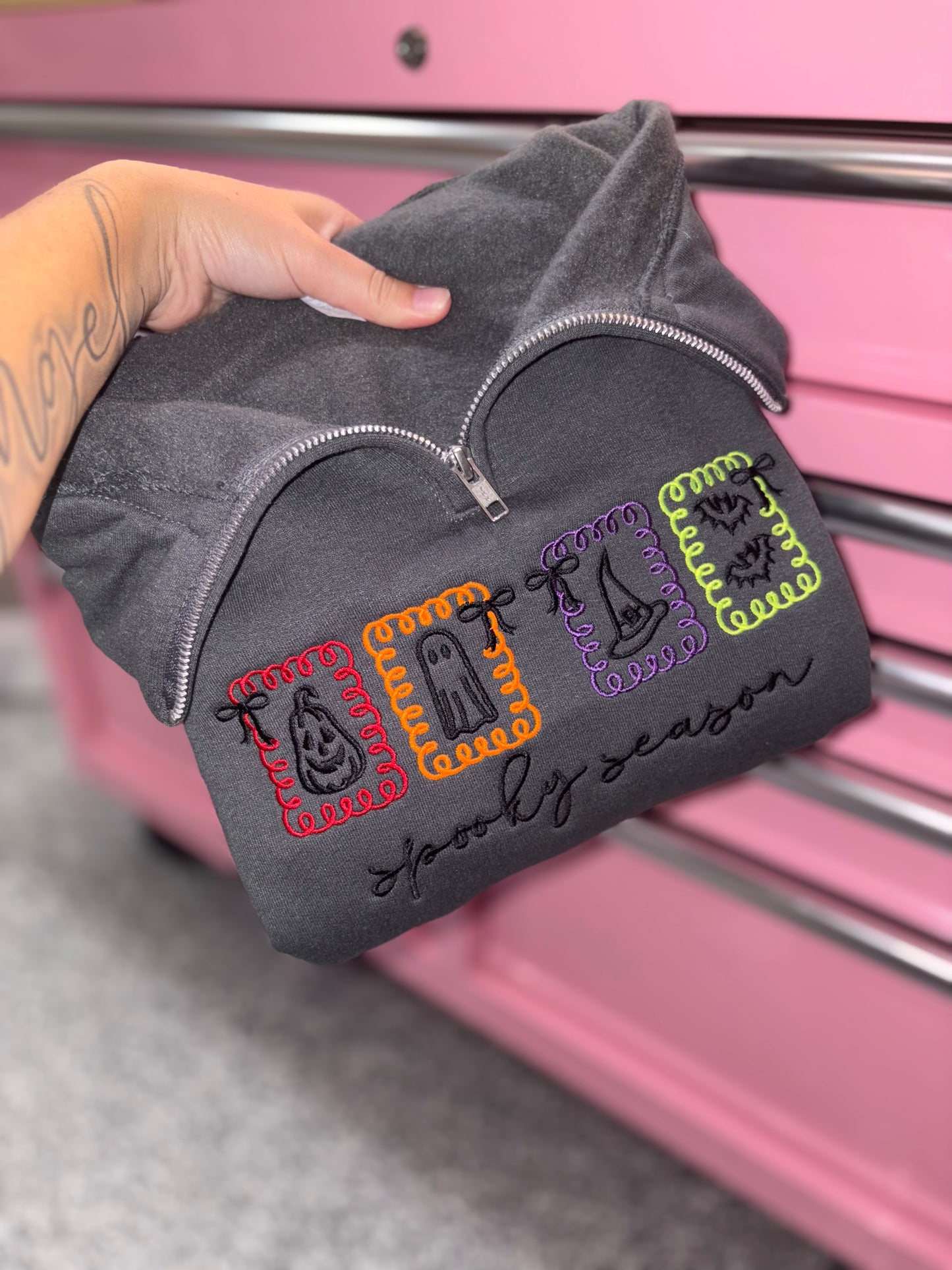 Spooky season embroidered quarter zip preorder 28 business day turn around time