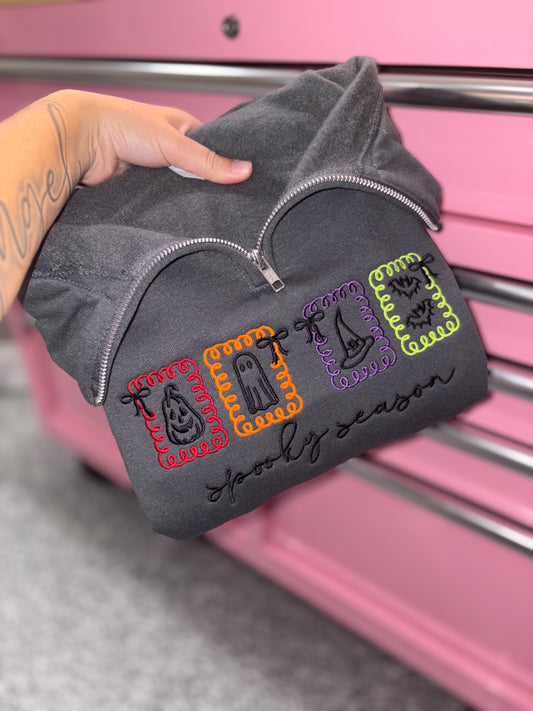 Spooky season embroidered quarter zip preorder 28 business day turn around time