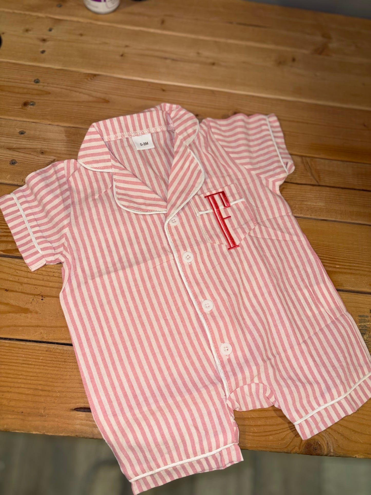 Embroidered initial baby romper- preorder 28 business day turn around time